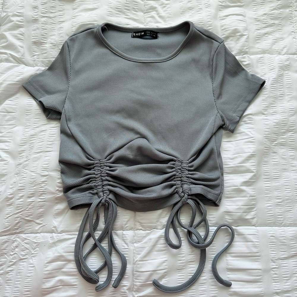 SHEIN Gray Ruched Crop T-Shirt with Tie Front